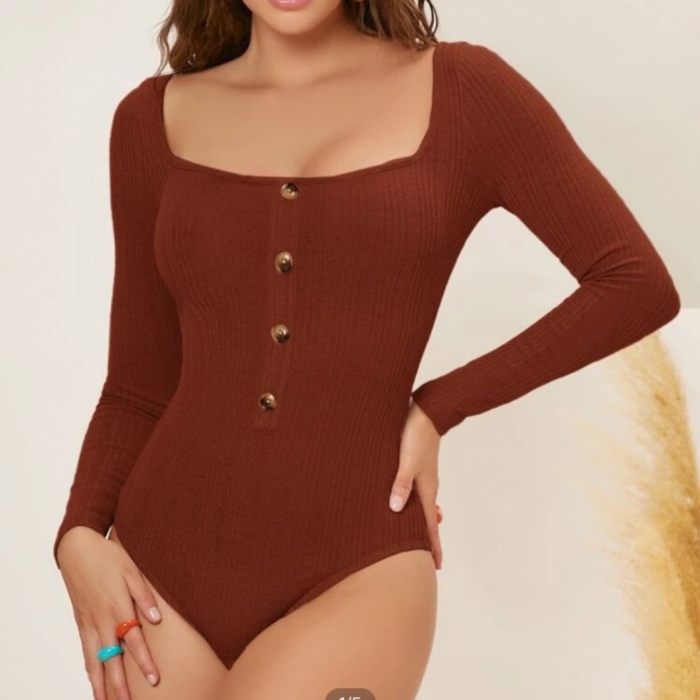 SHEIN rust brown square neck button front backless long sleeve bodysuit
